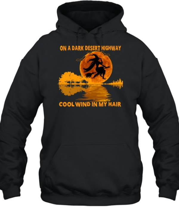 On A Dark Desert Highway Flying Witch Guitar Reflection Halloween  Unisex Hoodie