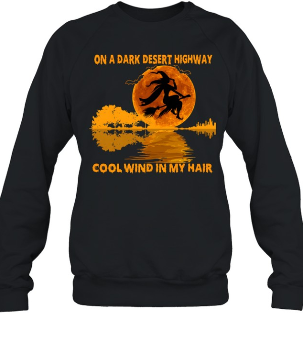 On A Dark Desert Highway Flying Witch Guitar Reflection Halloween  Unisex Sweatshirt
