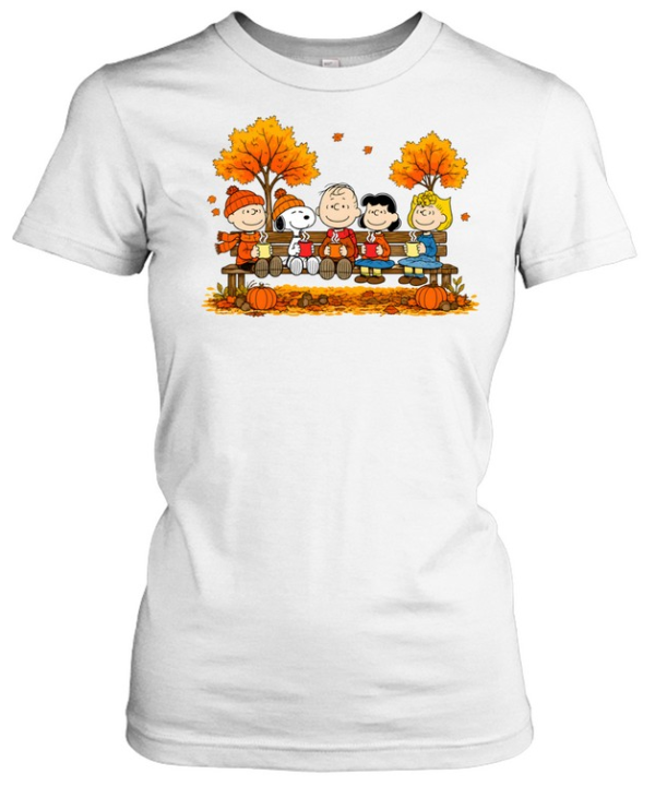 Peanuts Snoopy Autumn Fall Sitting On Bench Drinking Coffee  Classic Women's T-shirt
