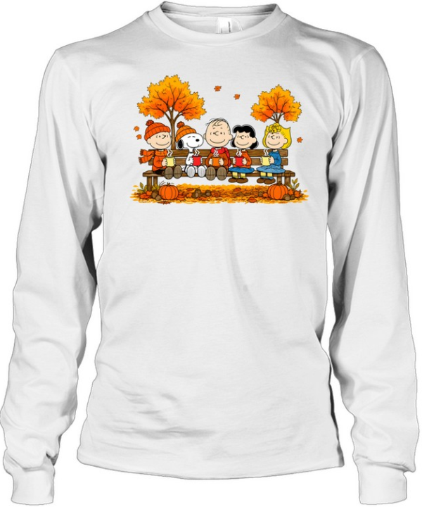 Peanuts Snoopy Autumn Fall Sitting On Bench Drinking Coffee Long Sleeved T-shirt