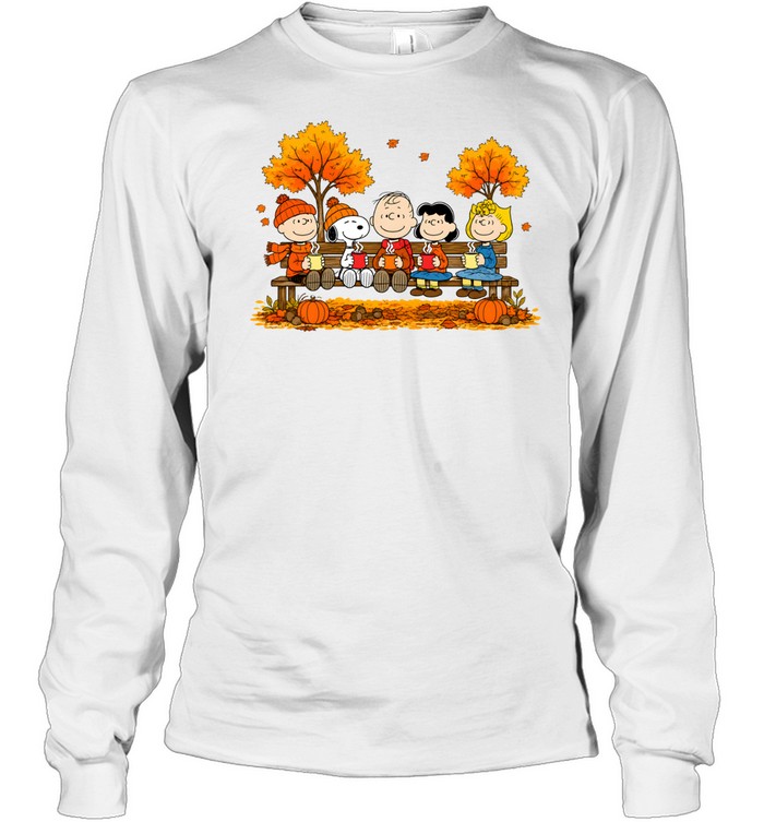 Peanuts Snoopy Autumn Fall Sitting On Bench Drinking Coffee Long Sleeved T-shirt