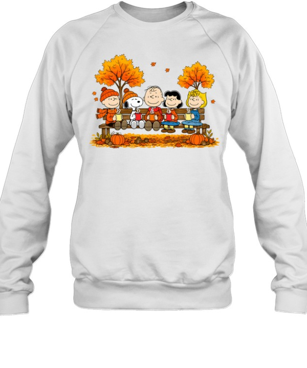 Peanuts Snoopy Autumn Fall Sitting On Bench Drinking Coffee Unisex Sweatshirt