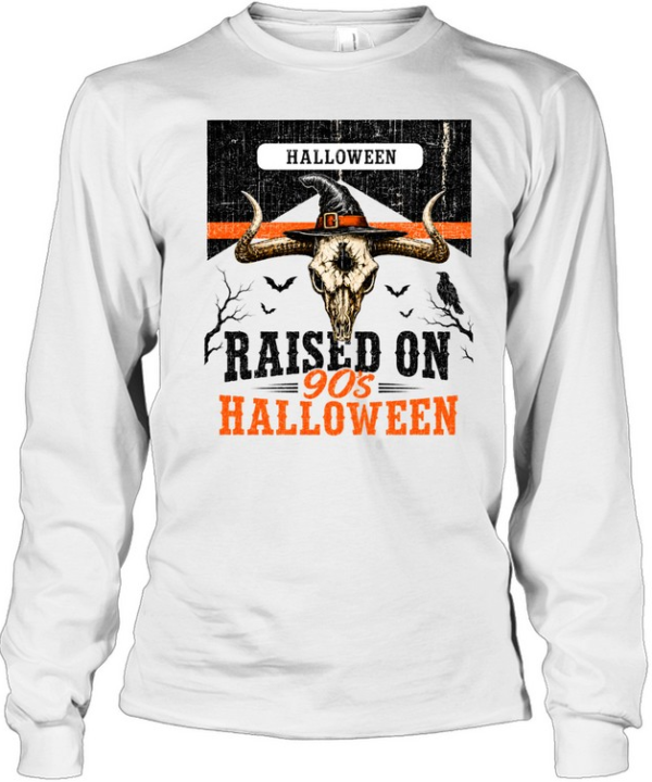 Raised On 90s Halloween Bull Skull Witch Hat Western Graphic  Long Sleeved T-shirt