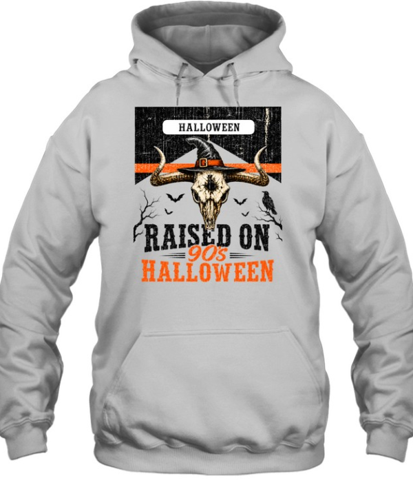 Raised On 90s Halloween Bull Skull Witch Hat Western Graphic  Unisex Hoodie