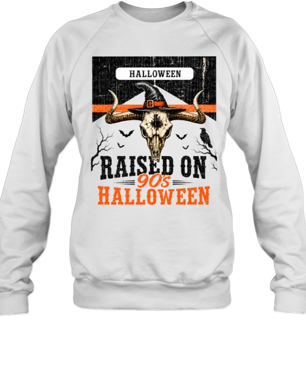 Raised On 90s Halloween Bull Skull Witch Hat Western Graphic  Unisex Sweatshirt