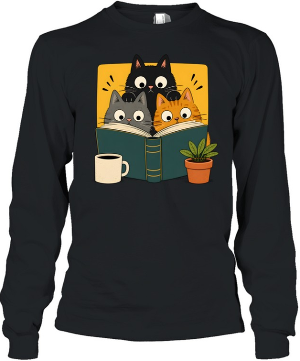 Retro Curious Reading Cats Long Sleeved T-shirt