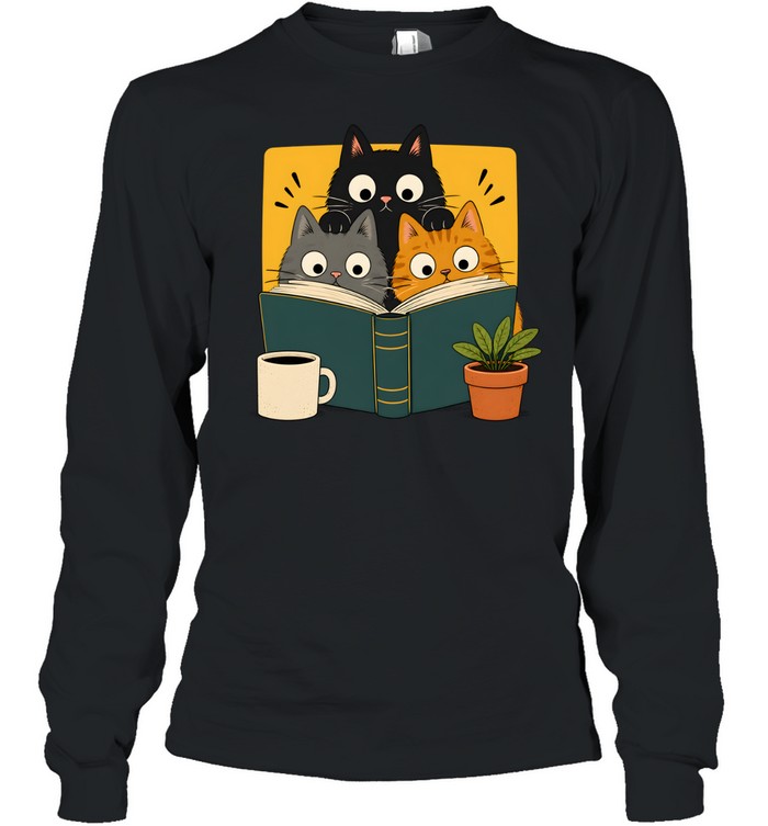 Retro Curious Reading Cats Long Sleeved T-shirt
