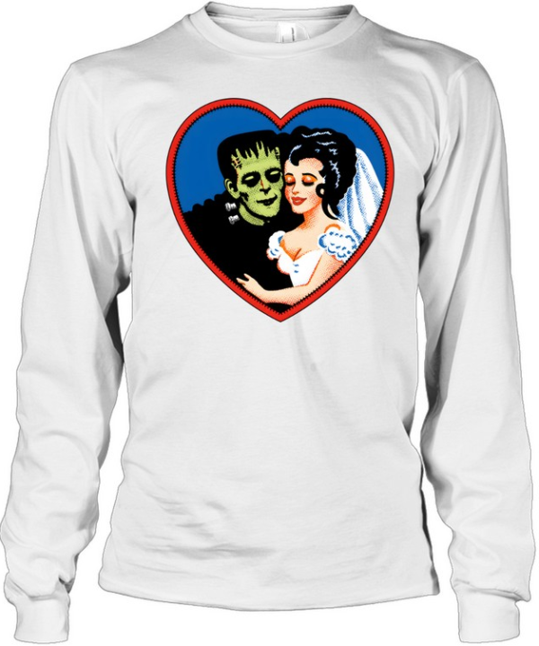 Retro Frankenstein Monster Couple Heart Graphic Tee Long Sleeved T-shirt