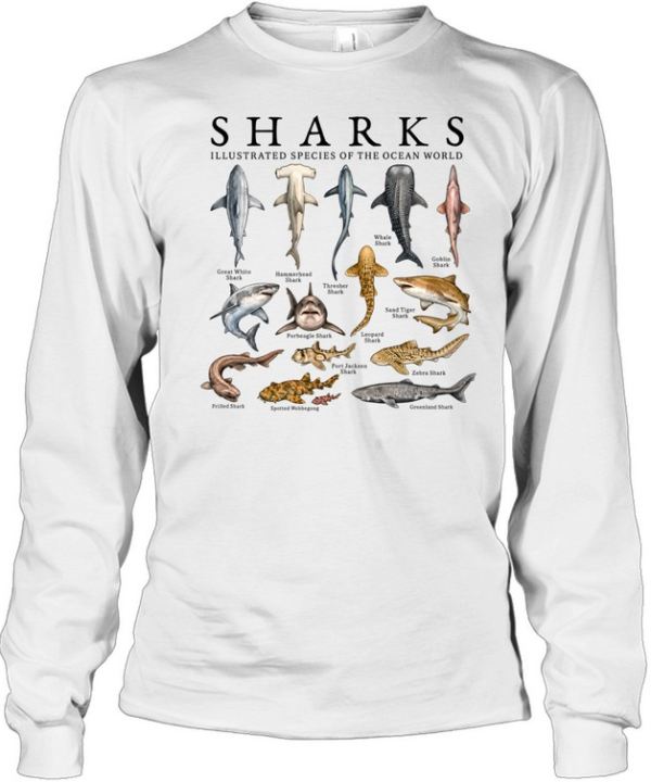 Sharks Illustrated Species Of The Ocean World Vintage Long Sleeved T-shirt