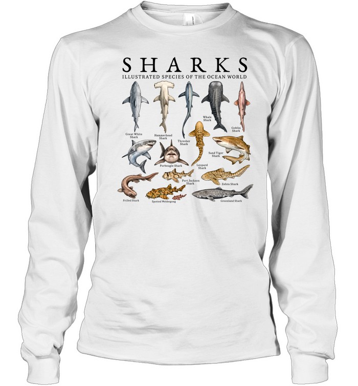 Sharks Illustrated Species Of The Ocean World Vintage Long Sleeved T-shirt