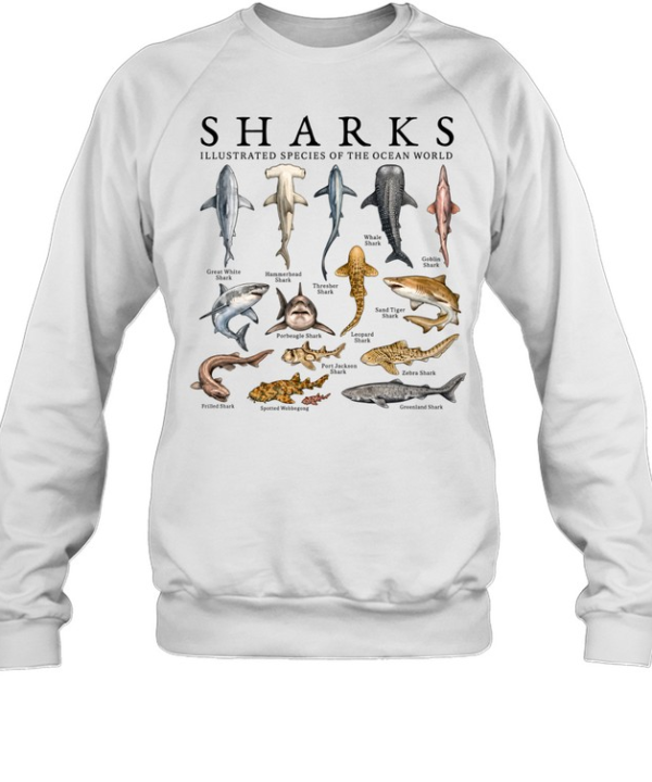 Sharks Illustrated Species Of The Ocean World Vintage Unisex Sweatshirt