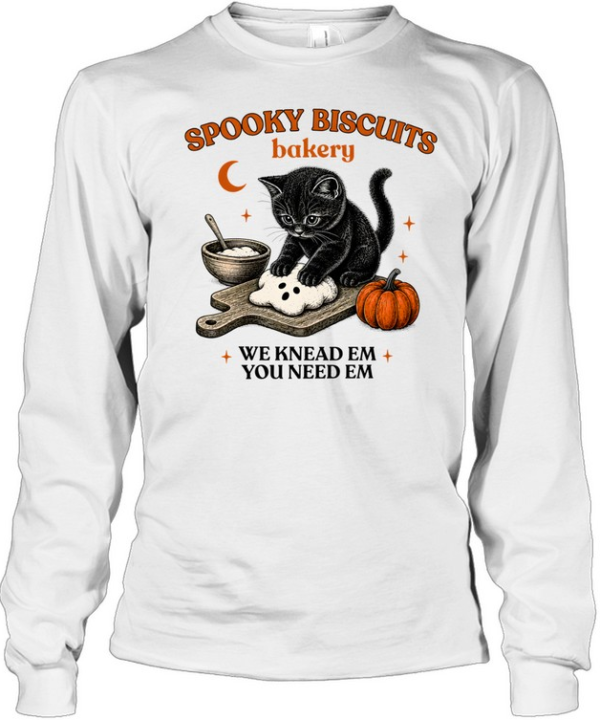 Spooky Biscuits Bakery Black Cat Kneading Ghost Dough Long Sleeved T-shirt