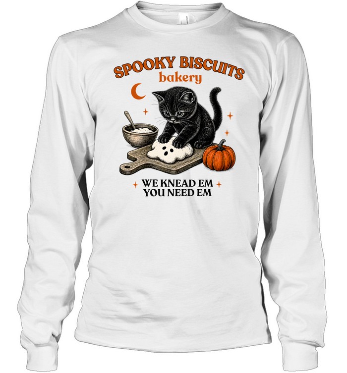 Spooky Biscuits Bakery Black Cat Kneading Ghost Dough Long Sleeved T-shirt