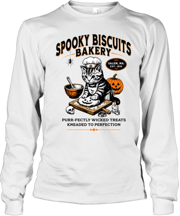 Spooky Biscuits Bakery Cat Kneading Dough Halloween Long Sleeved T-shirt