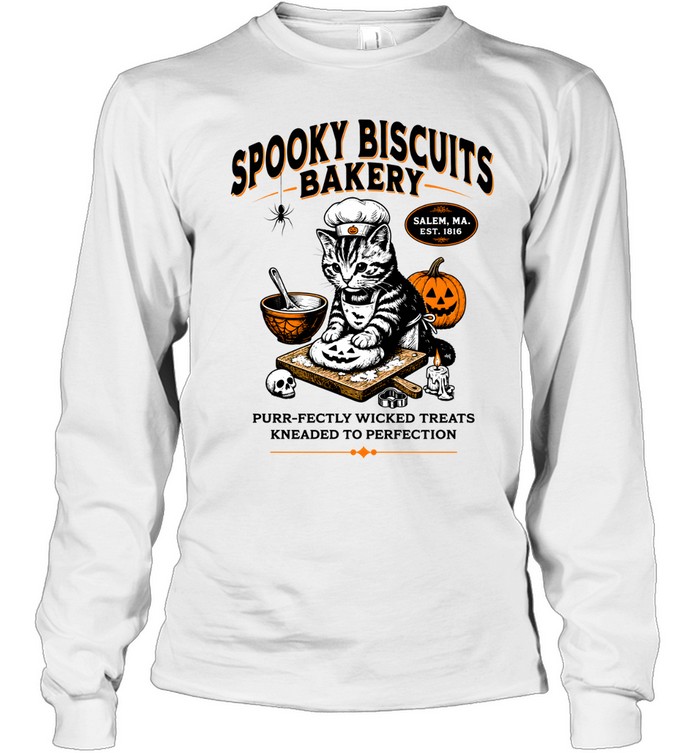 Spooky Biscuits Bakery Cat Kneading Dough Halloween Long Sleeved T-shirt
