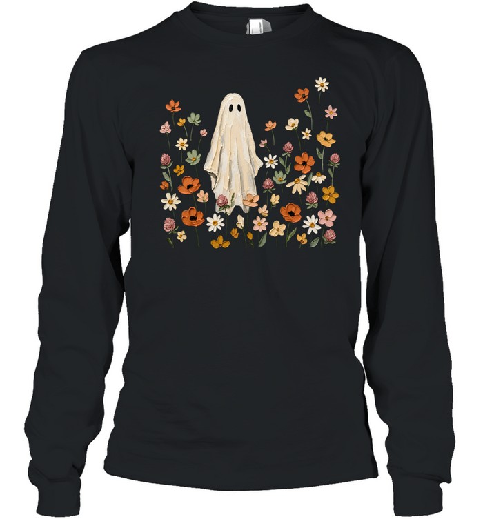 Textured Impasto Ghost in Wildflower Meadow Halloween Long Sleeved T-shirt