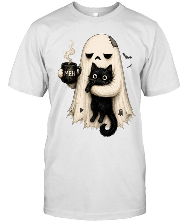 Tired Ghost Holding Black Cat Drinking Coffee Meh Halloween  Classic Men's T-shirt