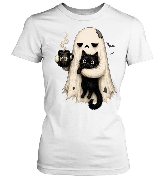 Tired Ghost Holding Black Cat Drinking Coffee Meh Halloween Classic Women's T-shirt