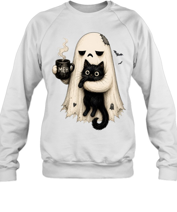 Tired Ghost Holding Black Cat Drinking Coffee Meh Halloween Unisex Sweatshirt