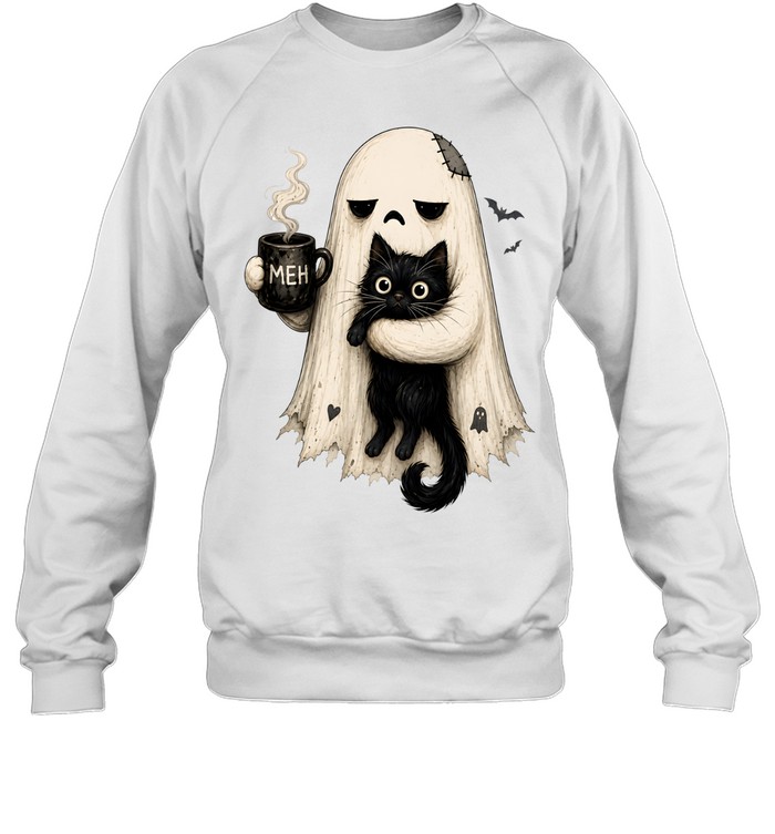 Tired Ghost Holding Black Cat Drinking Coffee Meh Halloween Unisex Sweatshirt Tired Ghost Holding Black Cat Drinking Coffee Meh Halloween Unisex Sweatshirt