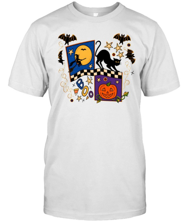 Vintage 90s Folk Art Halloween Cat Witch Pumpkin  Classic Men's T-shirt