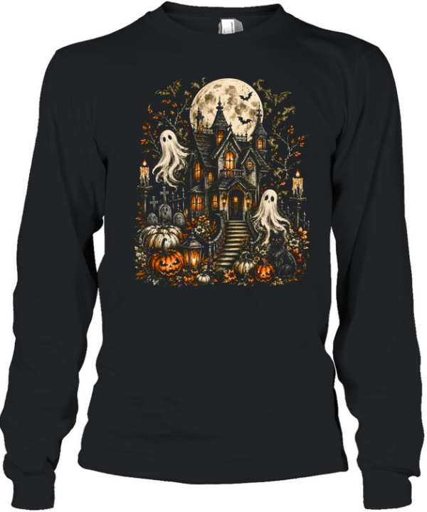 Vintage Gothic Haunted House Spooky Ghosts Full Moon Halloween  Long Sleeved T-shirt