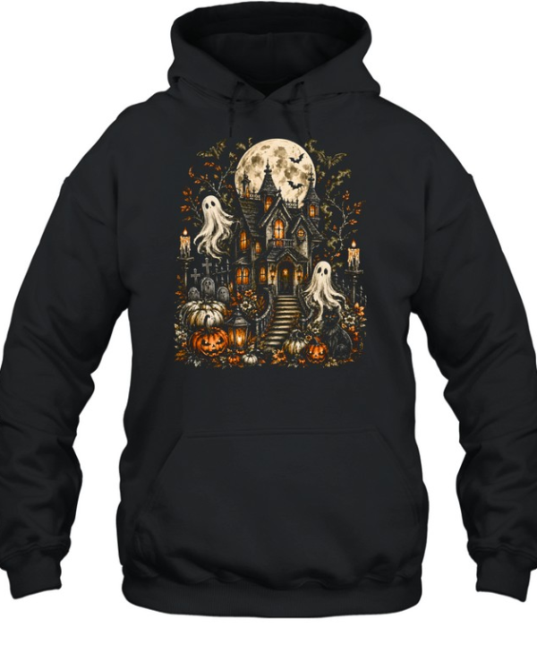 Vintage Gothic Haunted House Spooky Ghosts Full Moon Halloween  Unisex Hoodie
