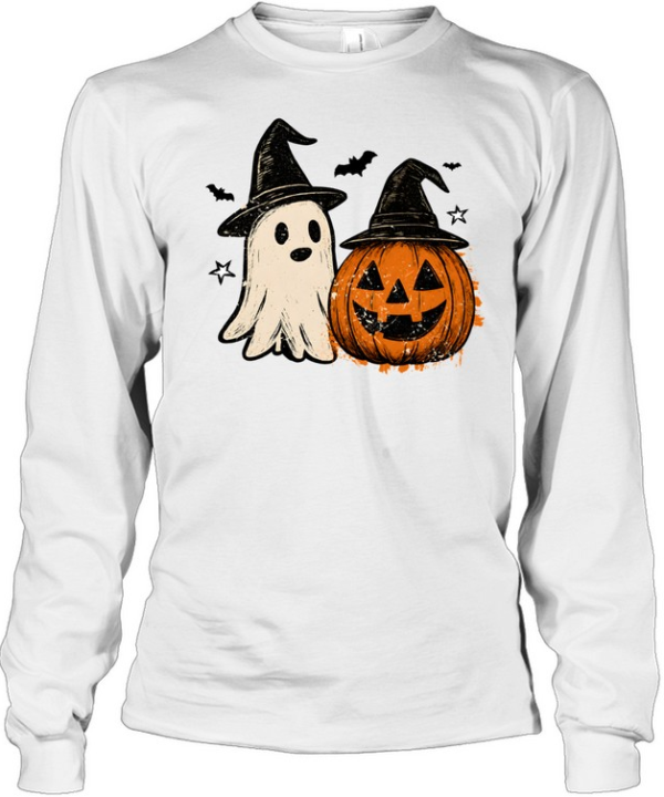 Vintage Halloween Ghost And Pumpkin Wearing Witch Hats  Long Sleeved T-shirt