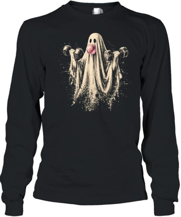 Vintage Lifting Ghost Weightlifting Dumbbell Halloween Long Sleeved T-shirt