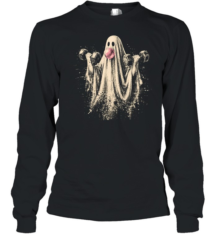 Vintage Lifting Ghost Weightlifting Dumbbell Halloween Long Sleeved T-shirt