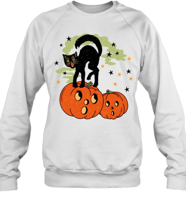 Vintage Retro Halloween Black Cat Hissing On Pumpkins  Unisex Sweatshirt