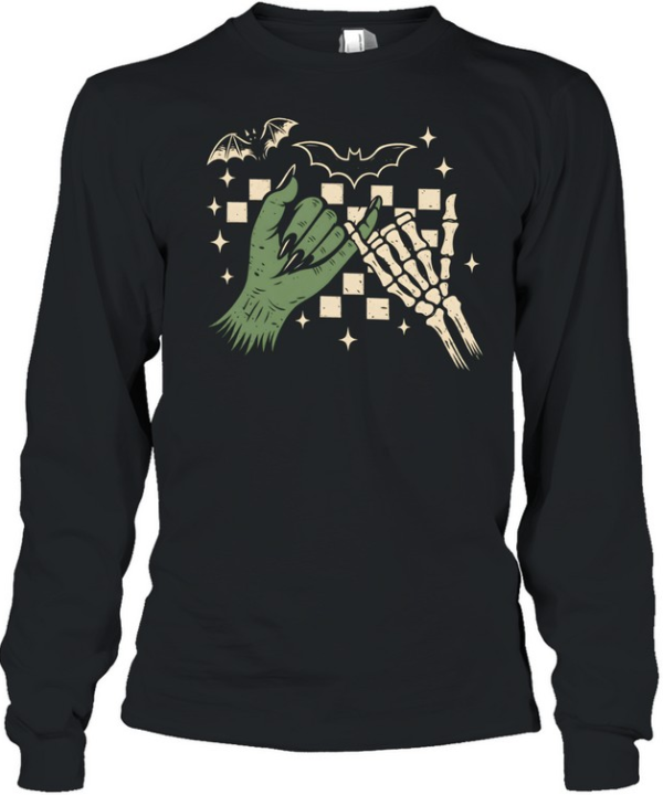 Witch Hand And Skeleton Hand Pinky Promise Checkered Long Sleeved T-shirt