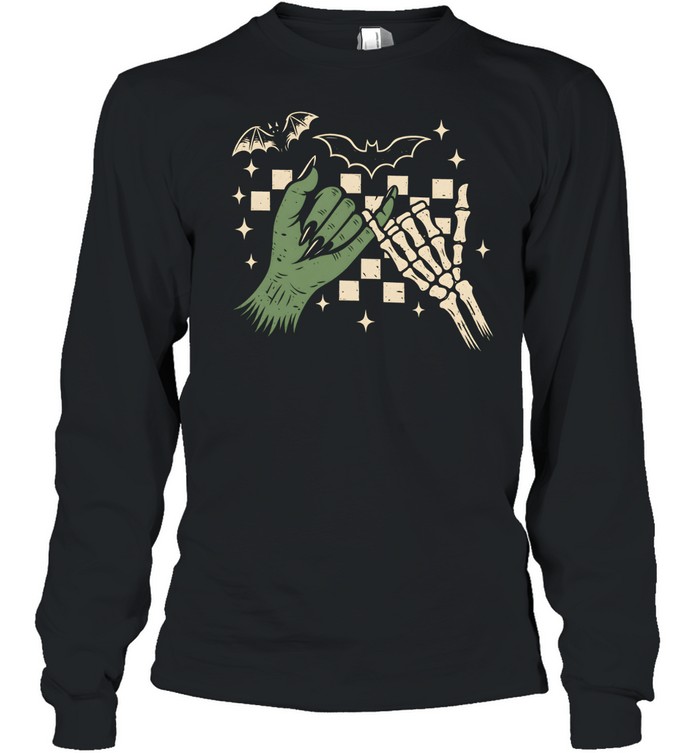 Witch Hand And Skeleton Hand Pinky Promise Checkered Long Sleeved T-shirt