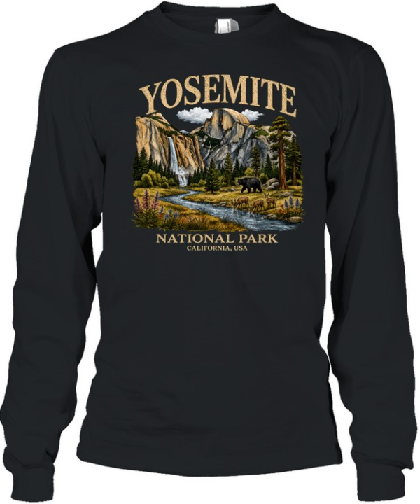 Yosemite National Park California Half Dome Bear Wildlife Washed Long Sleeved T-shirt
