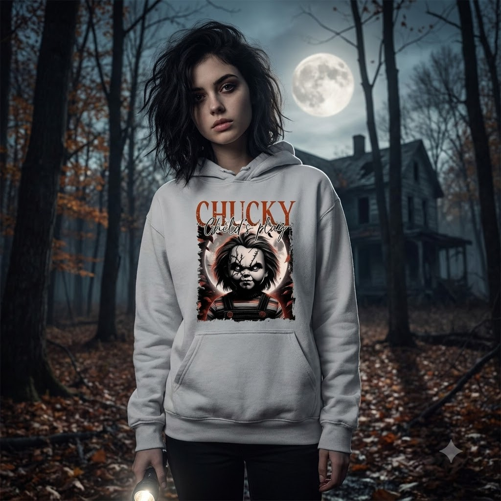 Chucky graphic with full moon backdrop on a horror-themed shirt