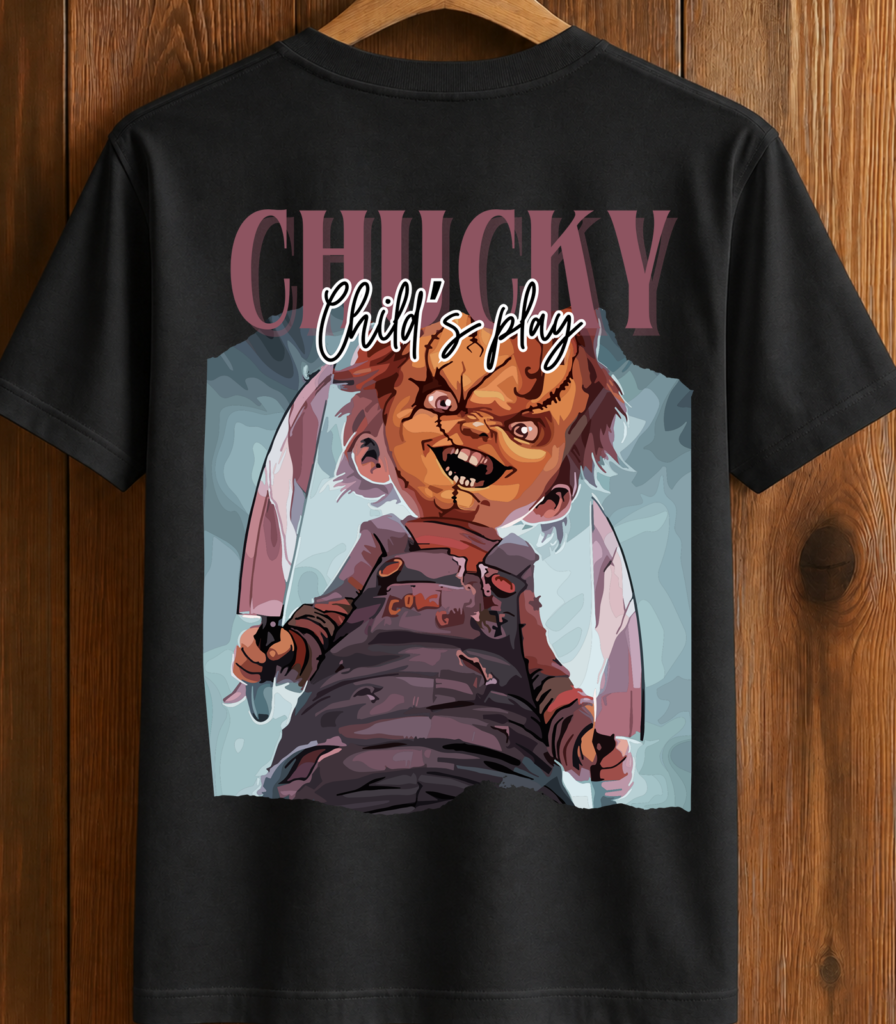 Chucky doll with knives and a mischievous grin on a black t-shirt