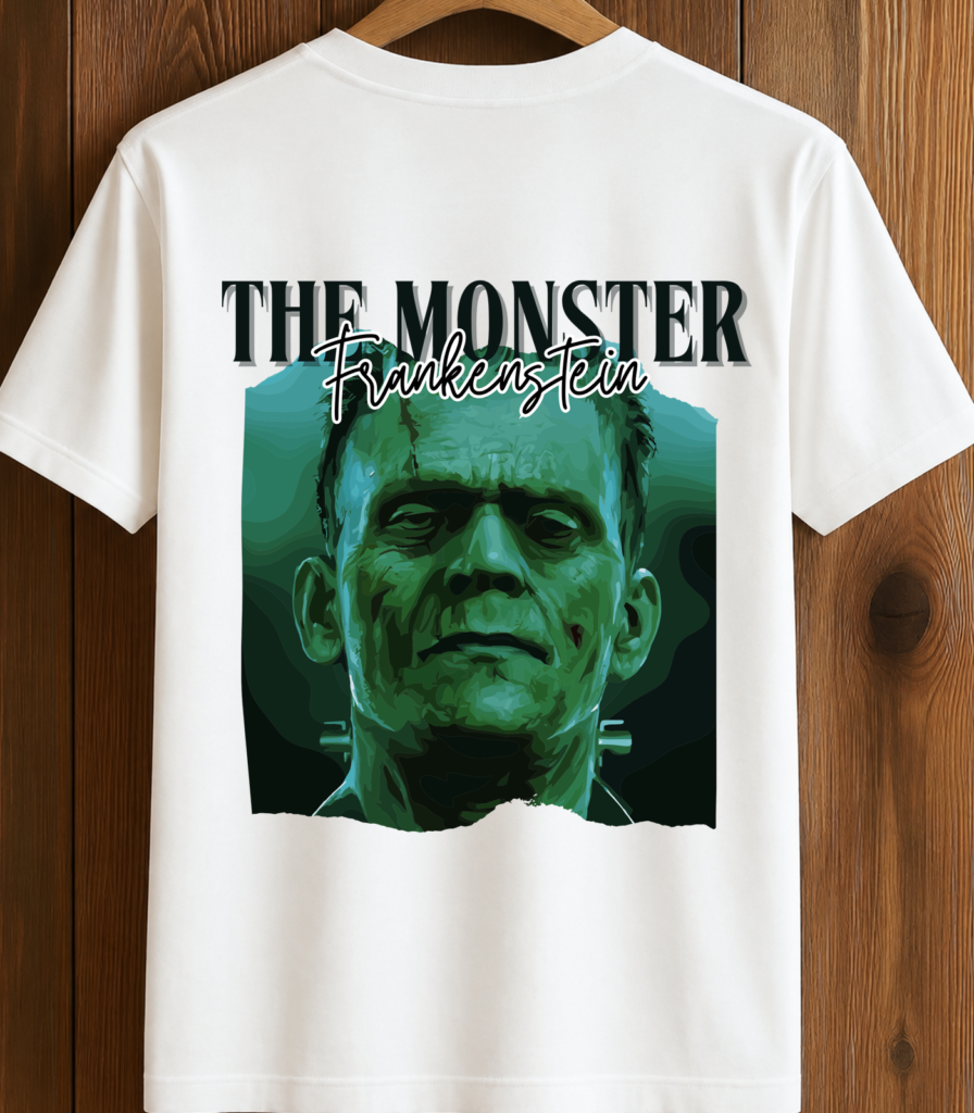 Frankenstein's monster in green hues on a white t-shirt