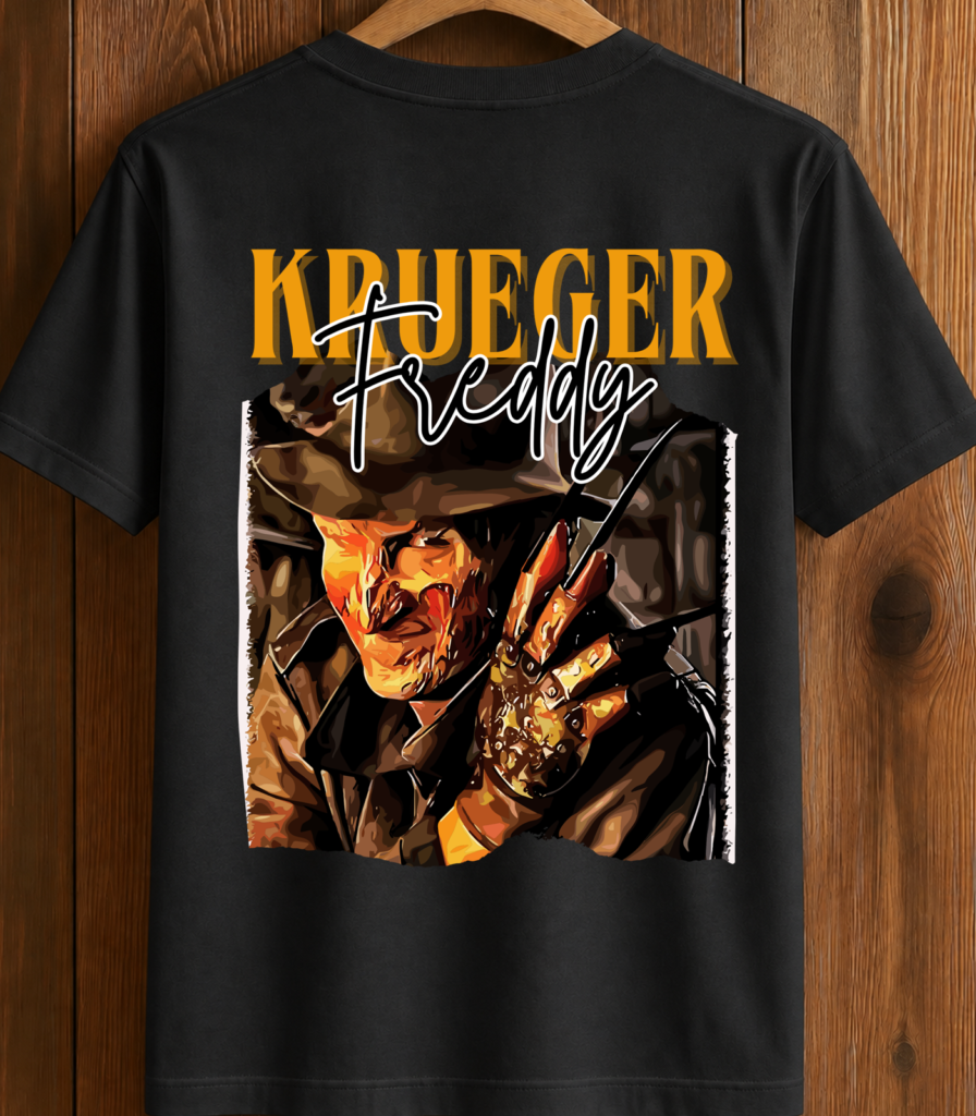 Freddy Krueger with his nightmare glove on a black t-shirt