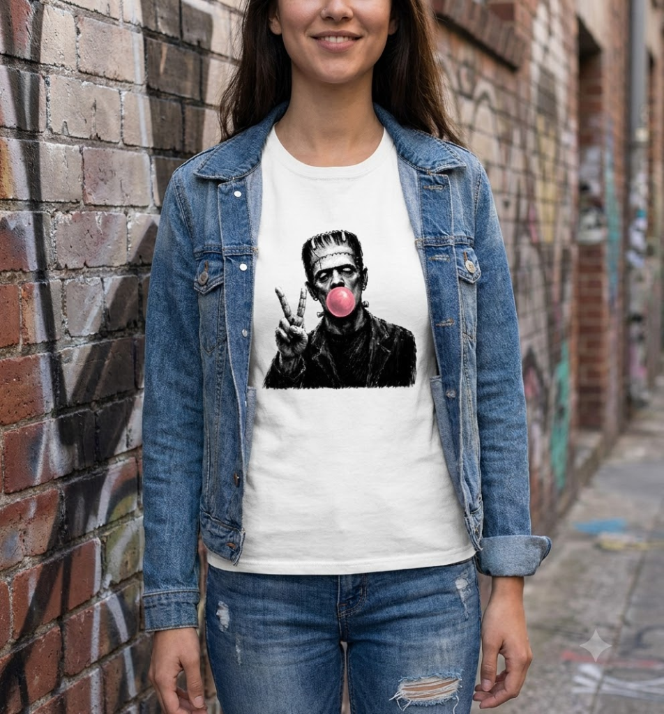 Frankenstein blowing bubble gum with peace sign