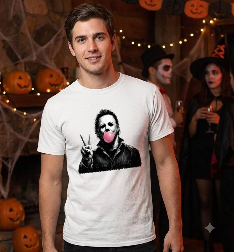 Michael Myers with bubble gum and peace sign