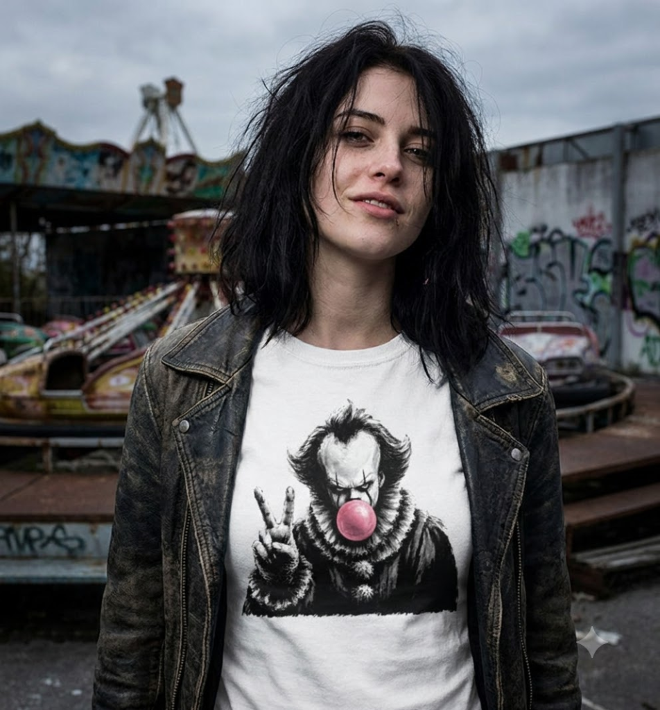 Pennywise clown blowing bubble gum with peace sign