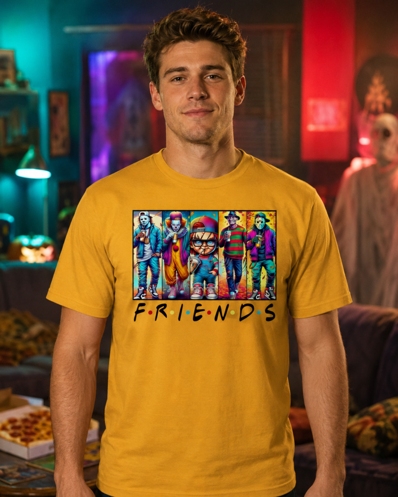 Slasher squad friends shirt with horror characters drinking coffee