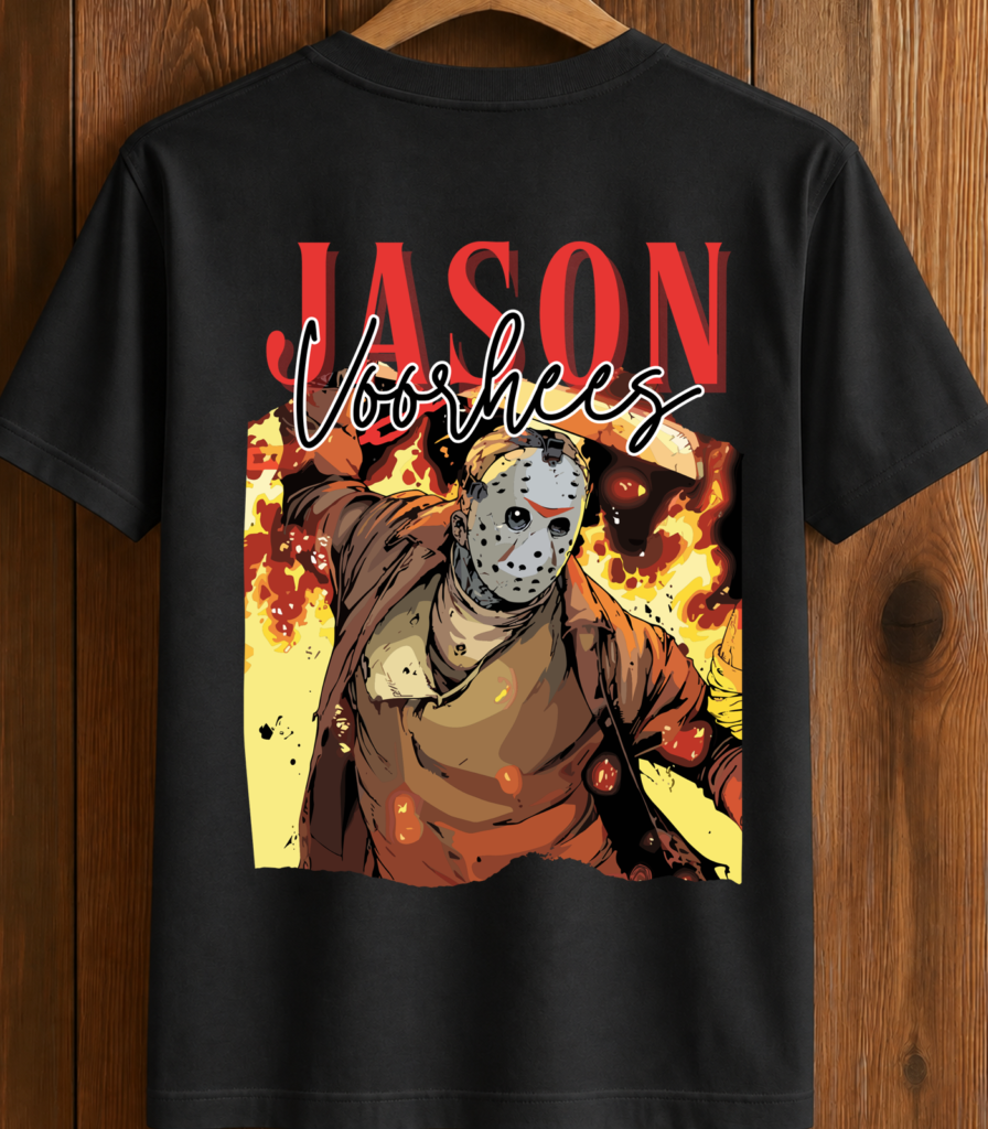 Jason Voorhees in front of a fiery background on a black t-shirt