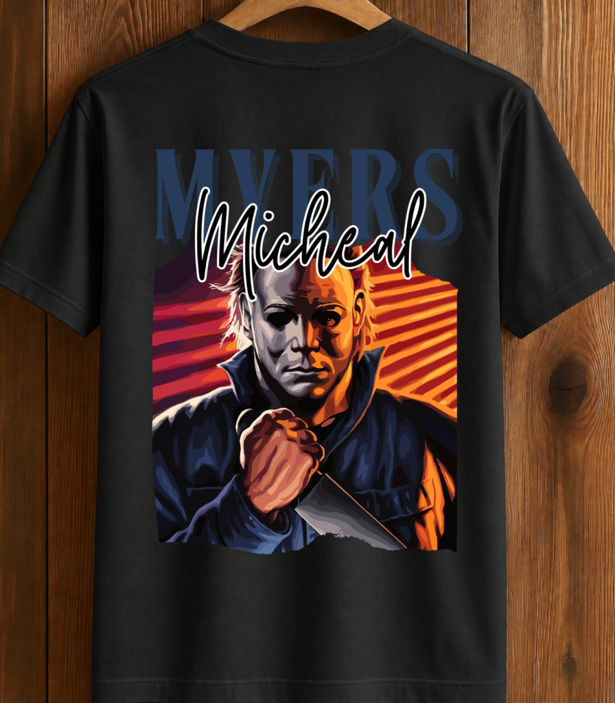 Michael Myers holding a knife with a sunset glow background