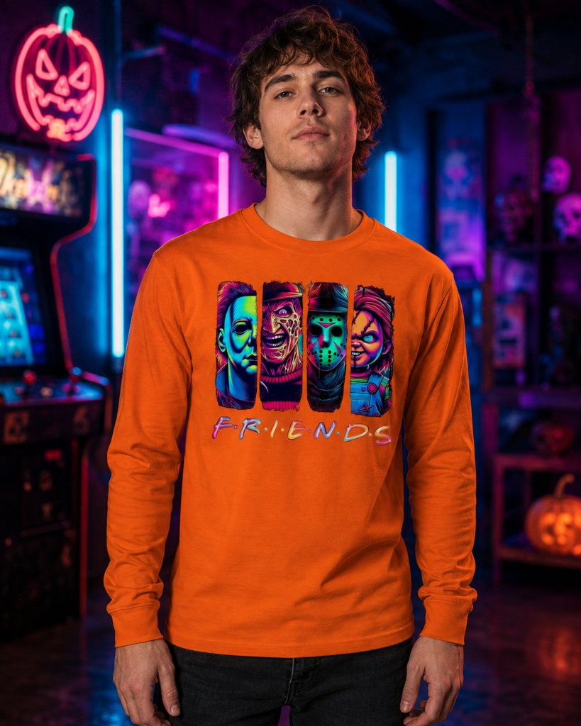 Neon horror friends slasher squad shirt with vibrant colors