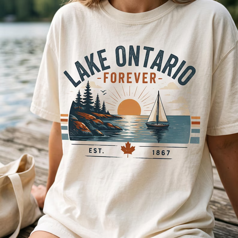 Graphic tee with Lake Ontario sunset and sailboat