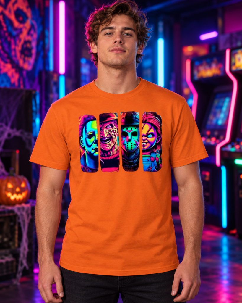 Neon horror slasher villains in glow effect