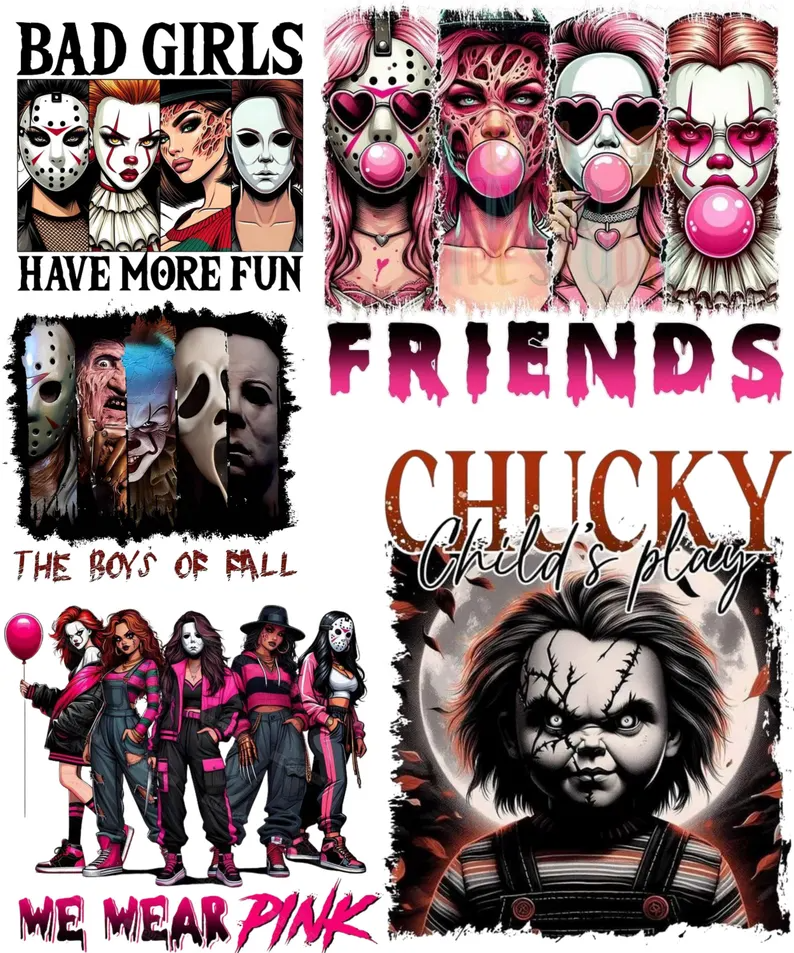 Retro Spooky Season Horror Villains Graphic Tee Bad Girls We Wear Pink Chucky Shirt