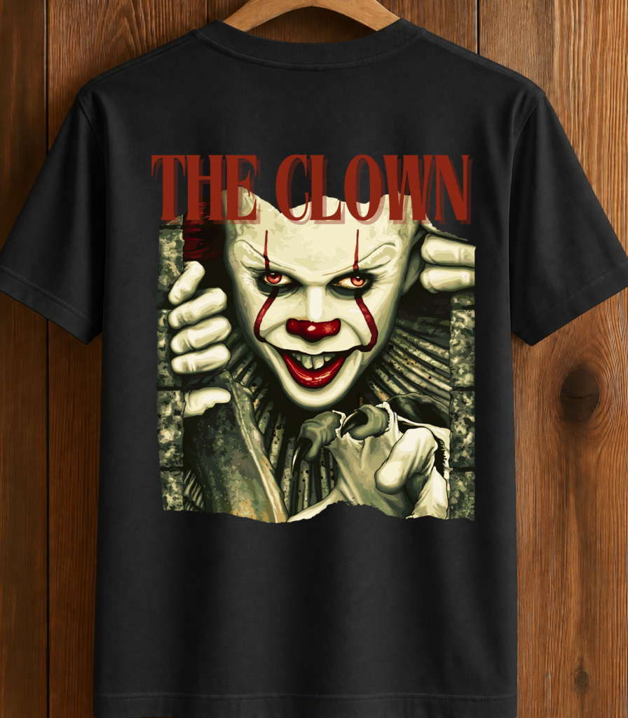 Pennywise the clown with a sinister grin on a black t-shirt