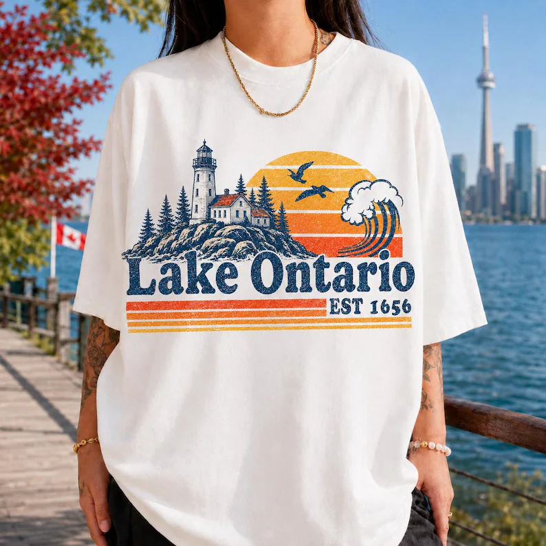 Vintage graphic tee with lighthouse and sunset